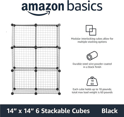 Amazon Basics 6 Cube Wire Grid Storage Organizer, Stackable Cubes, Cubby Bookcase, Display Shelf, 14" D x 14" W x 14" H, Black