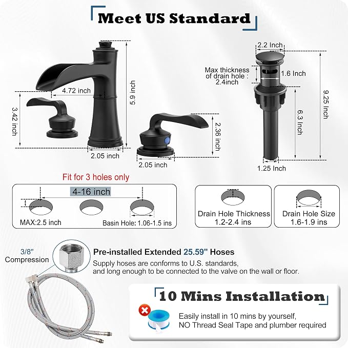 Brass Waterfall Bathroom Faucet, 4-16 Inch Black Bathroom Sink Faucet 3 Hole Bathroom Widespread Faucet, 2 Handles Bathroom Faucets Vanity Faucet with Pop Up Drain, Supply Water Hose