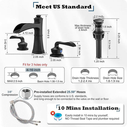 Brass Waterfall Bathroom Faucet, 4-16 Inch Black Bathroom Sink Faucet 3 Hole Bathroom Widespread Faucet, 2 Handles Bathroom Faucets Vanity Faucet with Pop Up Drain, Supply Water Hose
