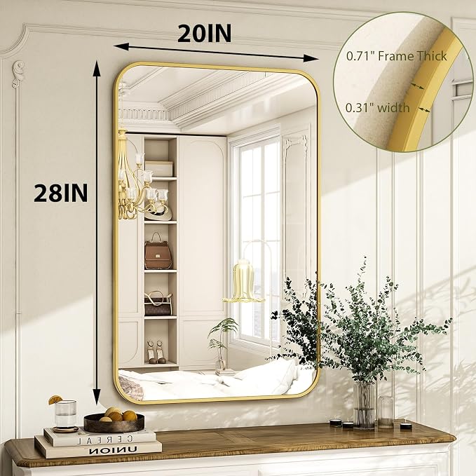 Easly 20 x 28 Inch Bathroom Mirror, Rounded Rectangular Vanity Mirror for Wall, Modern Mirror for Room Decor, Gold Framed Wall-Mounted Mirrors for Home Decor, Hangs Horizontally or Vertically