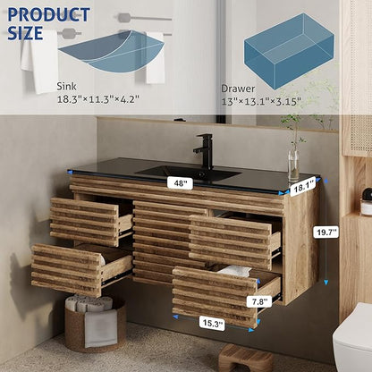 eclife 48" Floating Bathroom Vanity with Sink Combo, Mid-Century Wall Mounted Cabinet with Wood Stripes Decor, Drawers, Undermount Single Black Sink, Faucet, Drain, Light Walnut
