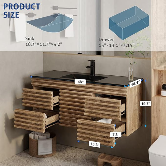eclife 48" Floating Bathroom Vanity with Sink Combo, Mid-Century Wall Mounted Cabinet with Wood Stripes Decor, Drawers, Undermount Single Black Sink, Faucet, Drain, Light Walnut