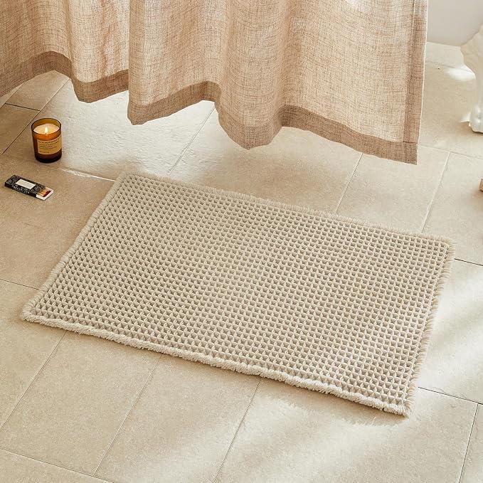 TYUU Waffle Bath Mat, Boho Bathroom Rugs Non Slip, 30x20 Pale Beige | Super Absorbent Quick Dry Bath Rug, Non-Slip Backing, Soft Waffle Washable Farmhouse Bathroom Mats, Tub, Shower & Home Decor