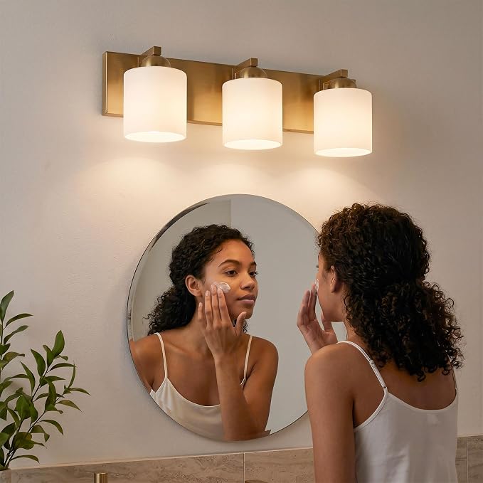 mirrea 3-Light Brushed Gold Bathroom Vanity Light with White Glass Shades | Over Mirror,Wall Sconce,ETL listed,Bathroom Lighting Fixtures,Elegant Design,Milk White Glass Shade,Easy Installation