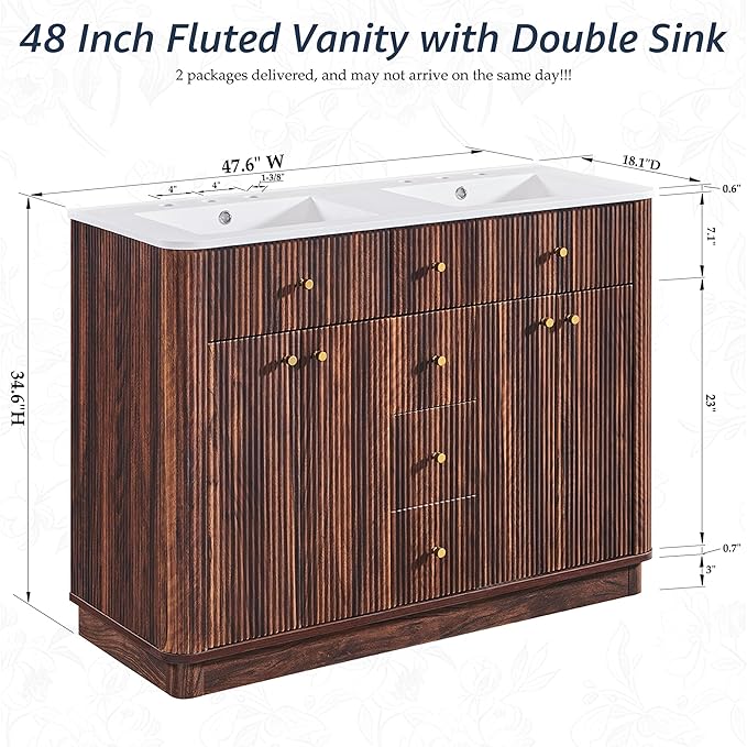 T4TREAM 48 Inch Bathroom Vanity with Sink, Modern Fluted Large Double Sink Bathroom Vanity with 2 Storage Cabinets, Adjustable Shelf, and 2 Drawers, Dark Walnut