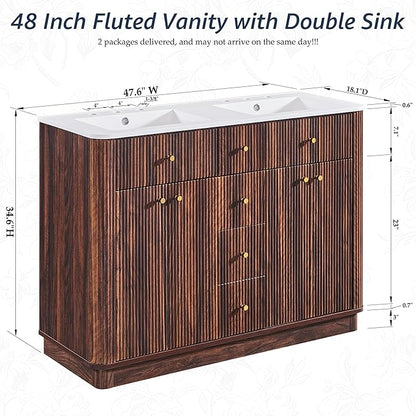 T4TREAM 48 Inch Bathroom Vanity with Sink, Modern Fluted Large Double Sink Bathroom Vanity with 2 Storage Cabinets, Adjustable Shelf, and 2 Drawers, Dark Walnut