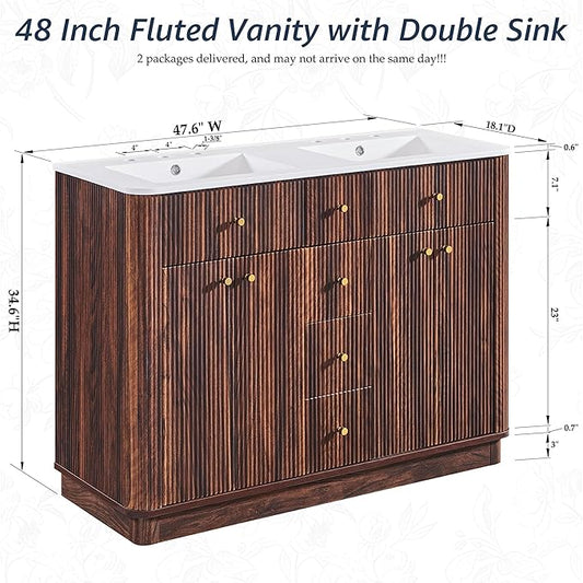 T4TREAM 48 Inch Bathroom Vanity with Sink, Modern Fluted Large Double Sink Bathroom Vanity with 2 Storage Cabinets, Adjustable Shelf, and 2 Drawers, Dark Walnut