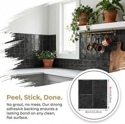 Charcoal Black 4 Sheets 6x6 Inch Peel and Stick Subway Tile Backsplash, Self Adhesive Wall Tiles for Kitchen Bathroom, Thick Waterproof Heat Resistant, Easy Install No Grout, Renter Friendly