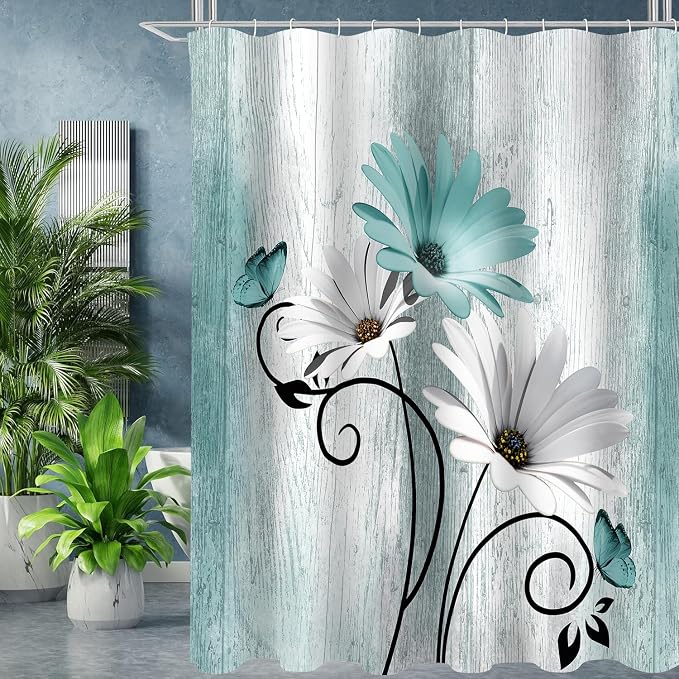 Onalasyc 4PCS Teal Daisy Floral Bathroom Sets with Shower Curtain and Rugs | Country Floral Butterfly Shower Curtain Set,Modern Bathroom Decor Shower Curtains Set with Rugs Toilet Lid Cover and 12 Hooks