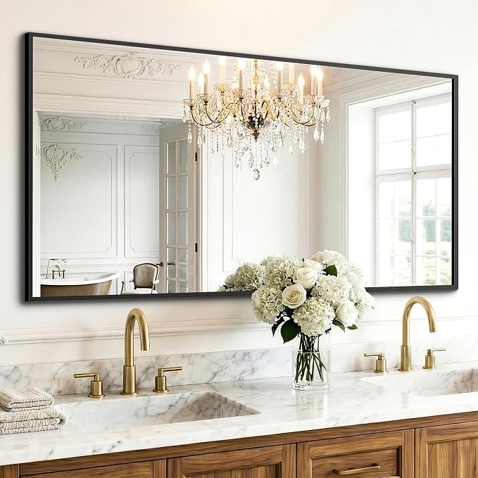Bathroom Mirror for Wall, 55"x30" Black Vanity Mirror | Sturdy Rectangular Metal Frame, HD Tempered Glass, Hangs Horizontally or Vertically in Bedroom, Living Room, Entryway