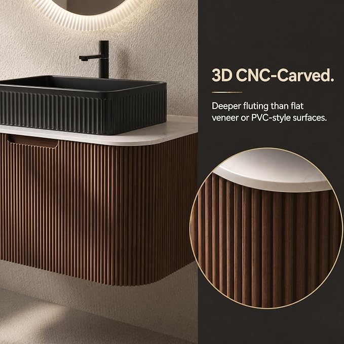60 Inch Double Sink Bathroom Vanity, Floating Wall Mounted Cabinet, Dark Walnut Curved Fluted Front, Stone Top, Dual Black Textured Rectangular Vessel Basins, Pre-Assembled
