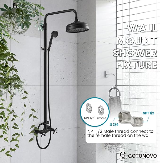 gotonovo Exposed Shower System Wall Mount,Matte Black,Metal Handheld | 8” Rain Shower Head Faucet Set Fixtures,2 Function,Two Cross Handle,Height Adjustable,for 5-6.7" Hole,Indoor Victorian Retro