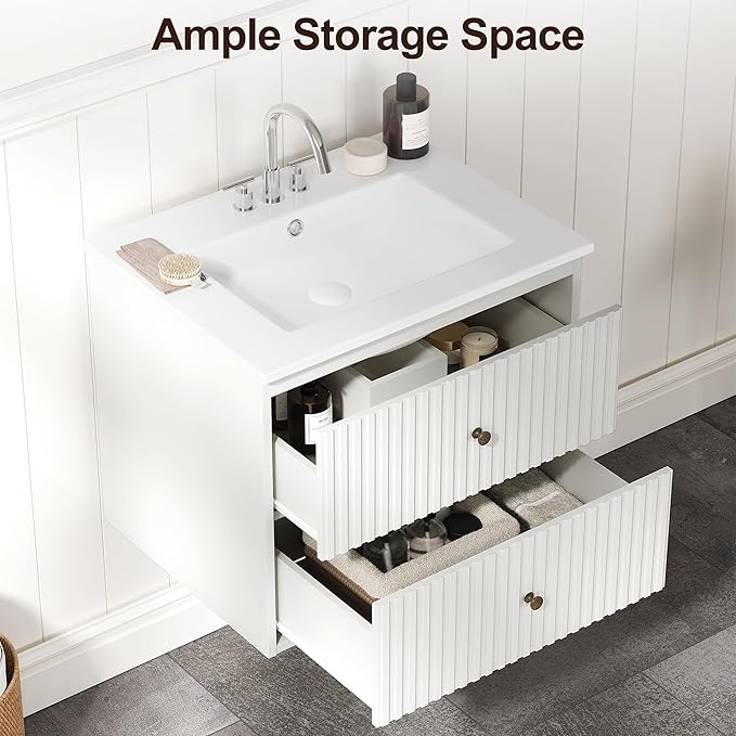RoyalCraft 24'' Bathroom Vanity with Sink Combo, Wall Mounted Floating Sink Cabinet with 2 Hidden Damping Drawers, Grooved Stripe Design Bathroom Ceramic Sink Cabinet, White