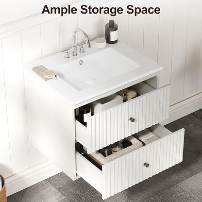 RoyalCraft 24'' Bathroom Vanity with Sink Combo, Wall Mounted Floating Sink Cabinet with 2 Hidden Damping Drawers, Grooved Stripe Design Bathroom Ceramic Sink Cabinet, White