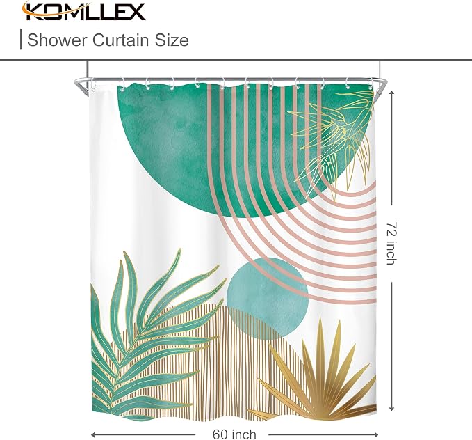 Mid Century Green Pink Boho Abstract Modern Bathroom Shower Curtain Set | 60Wx72L Plant design, waterproof HD print with fast-drying fabric and 12 hooks.