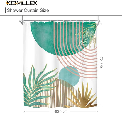 Mid Century Green Pink Boho Abstract Modern Bathroom Shower Curtain Set | 60Wx72L Plant design, waterproof HD print with fast-drying fabric and 12 hooks.