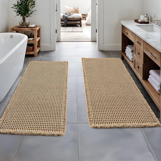 MIULEE Set of 2 Waffle Bathroom Runner Rugs Brown 2'x6'(24"x72") | Non Slip, Super Absorbent, Washable, Ultra Soft, Boho Bath Mats for Bathroom Hallway Bedroom Laundry Room Kitchen