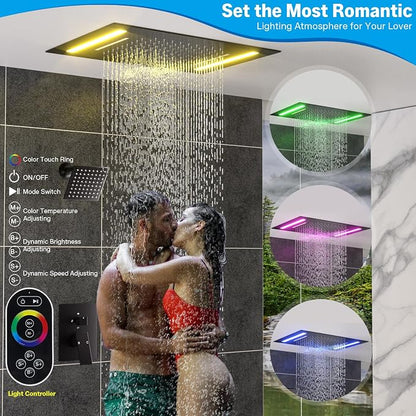 ENGA Dual Rain Shower Head System, 2 In 1 Functions Ceiling Mount 14x20inch LED Shower Head with 6 Inch Shower Head, Rainfall Waterfall Shower Faucet Set, Matte Black