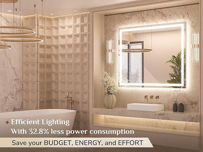 Keonjinn 42 x 36 Inch LED Bathroom Mirror with Lights, Bighter Frontlit & Backlit Vanity Mirror with Stepless Dimmable 3-Color, Anti-Fog Mirror for Wall, HD Tempered Glass, Memory Founction, CR90+