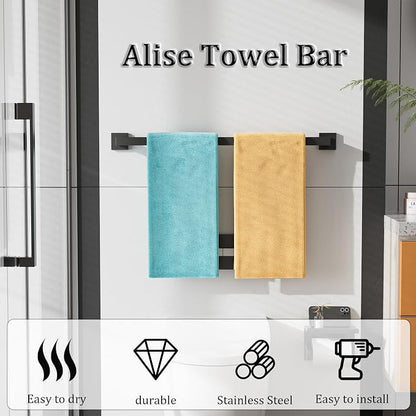 Alise Black Towel Bar Towel Racks for Bathroom Wall Mount 28 Inch | SUS304 Stainless Steel Bathroom Towel Holder, Full Square Towel Rod Towel Hanger for Bathroom Lavatory Kitchen