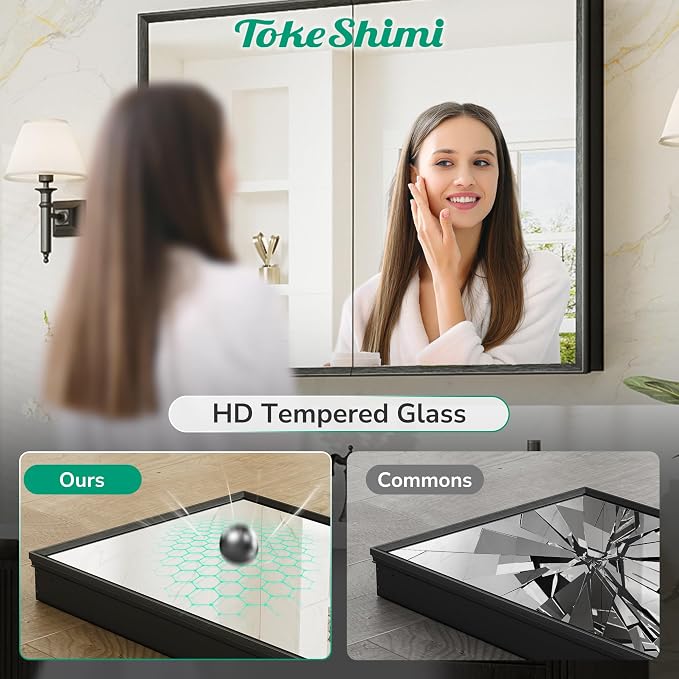 14 x 18 Recessed Medicine Cabinet, Assembly Required, Black Bathroom Medicine Cabinet with Mirror, Stepless Adjustable Shelves, Tempered Glass, Beveled Aluminum Frame