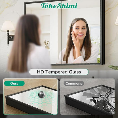 14 x 18 Recessed Medicine Cabinet, Assembly Required, Black Bathroom Medicine Cabinet with Mirror, Stepless Adjustable Shelves, Tempered Glass, Beveled Aluminum Frame