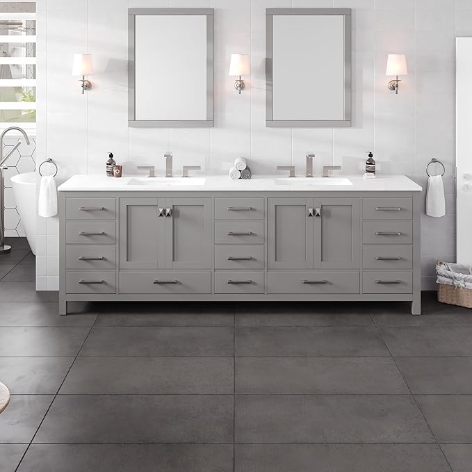 Eviva Aberdeen 96 in. Gray Double Sink Bath Vanity with Carrara Quartz Top and Undermount Porcelain Sinks