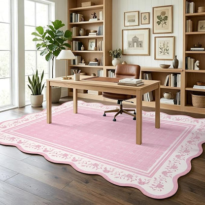Garvee Scollaped Rugs for Living Room 5x7 Area Rugs for Bedroom Soft Pink | Non-Slip Low Pile Neutral Kids Rug Non-Shedding Bordered Nursery Carpet Foldable Thin Mat for Dining Room Kitchen Playroom
