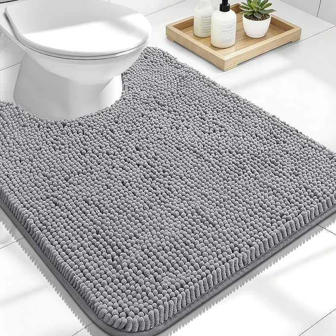 OLANLY Toilet Rugs U-Shaped 24x20, Soft Absorbent Chenille Contour Rugs | Grey, Quick-Drying Rubber Backing, Machine Washable Non-Slip Shaggy Bathroom Mat for Toilet, Home Decor Accessories