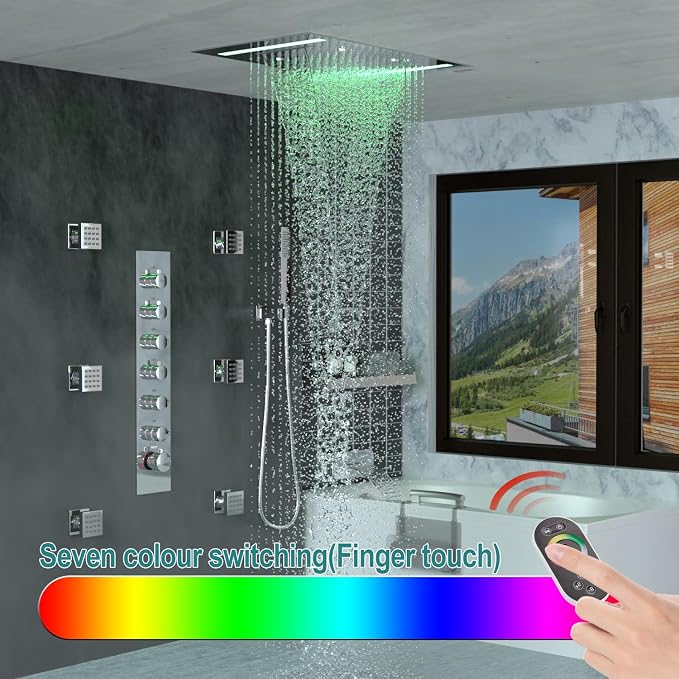 HOMEDEC LED Multi Functions Full Body Shower System with 6pcs Body Jets Spray with（Up/Down ）Shower Spout, Large 3 In 1 Modes 14x20inch Showerhead, Rainfall Mist Shower Faucet Set Complete, Chrome