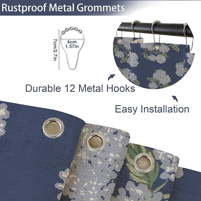 ORTIGIA Linen Textured Ruffle Shower Curtain with Metal Hooks, Vintage Navy Blue Hydrangea Floral Boho Waterproof Bath Curtain for Rustic Farmhouse Bathroom Decor 72x72 Inch