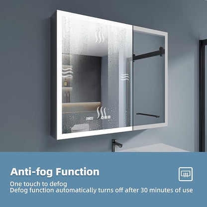 LED Medicine Cabinet 24x30 Anti-Fog Mirror Dimmable Recessed Mount | 3 Color Dimmable LED. Time Temp Display. Anti-Fog IP44. 2 Outlets+2 USB. Plug-in/Hardwired. Recessed/Wall Mount.
