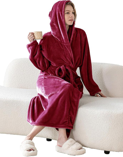 Robes for Women - Hooded Plush Fleece Bathrobe with Sash & Pockets, Full-Length Lightweight Spa Robe