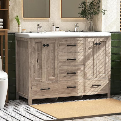 48 Inch Bathroom Vanity with Sink, Bathroom Vanity Cabinet with Double Sink, Bath Vanities with 4 Doors and 5 Drawers, Grey Oak (20" D x 48" W x 36" H)