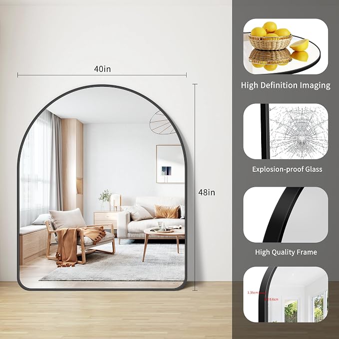 FORBATH Arched Wall Mirror 40"x48", Large Arch Bathroom Mirror Black Aluminum Wide Frame for Decor Dresser Mirror for Bedroom Living Room Entryway, Hanging or Leaning Against Wall