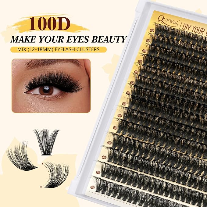 QUEWEL Lash Clusters Kit, 320Pcs 100D Lash Cluster Eyelash Extensions | Mix 12-18mm 3D Eyelash Clusters with Lash Bond and Seal and Lashes Tweezer Easily Create 3D Lashes Clusters at Home(100D Kit)