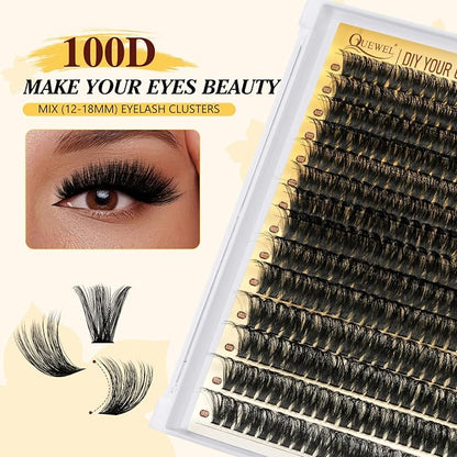 QUEWEL Lash Clusters Kit, 320Pcs 100D Lash Cluster Eyelash Extensions | Mix 12-18mm 3D Eyelash Clusters with Lash Bond and Seal and Lashes Tweezer Easily Create 3D Lashes Clusters at Home(100D Kit)