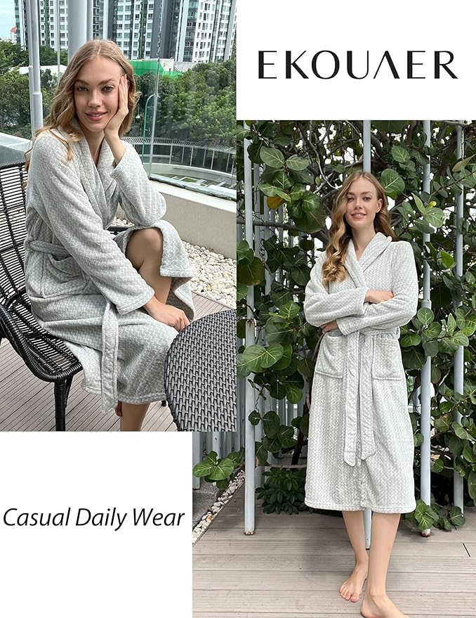 Ekouaer Women's Robe Long Plush Soft Bathrobe Cozy Warm Robes Shawl Collar Sleepwear with Pockets