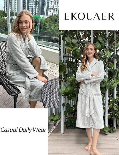 Ekouaer Women's Robe Long Plush Soft Bathrobe Cozy Warm Robes Shawl Collar Sleepwear with Pockets