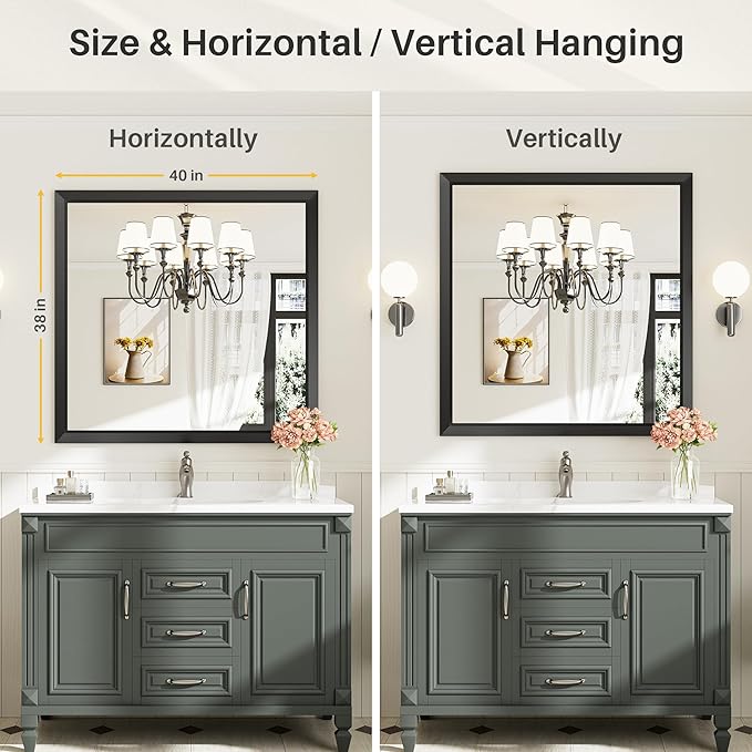 40.1x38.1 Inch Black Bathroom Mirror for Wall, Thick Metal Framed Rectangle Mirrors for Over Sink, Bedroom, Living Room, Entryway, Anti-Rust, HD Tempered Glass