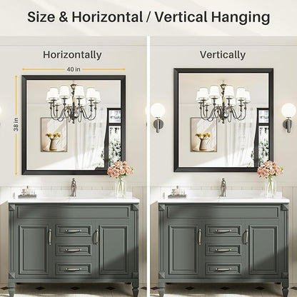40.1x38.1 Inch Black Bathroom Mirror for Wall, Thick Metal Framed Rectangle Mirrors for Over Sink, Bedroom, Living Room, Entryway, Anti-Rust, HD Tempered Glass