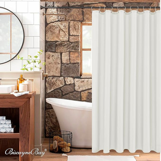 Biscaynebay Extra Long Fabric Shower Curtain Liner 72 Inch Width by 84 Inch Length, Ivory Water Resistant Bathroom Curtain, Rust Resistant Grommets Top Machine Washable