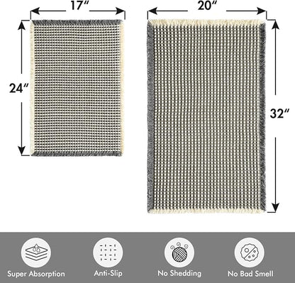 MIULEE Set of 2 Waffle Bathroom Rugs Dark Grey&Yellow 17"x24"+20"x32" | Non Slip, Super Absorbent, Washable, Ultra Soft, Rubber Backed Bath Rugs for Bathroom Floor Tub Shower, Boho Decor