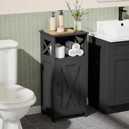 Homhedy Farmhouse Bathroom Storage Cabinet with Doors, Small Floor Cabinet | Toilet Paper Cabinet with Adjustable Shelf, Freestanding Storage Cabinet for Kitchen/Laundry/Living Room, 14"W, Black
