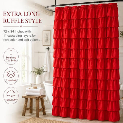 Red Ruffle Shower Curtain for Bathroom, 72x84, Christmas Bathroom Decor | Rich Red Ruffles, 84in, 12 Hooks Included, Machine Washable, Solid Soft Microfiber Fabric, Boho Textured Style,Holiday Accent