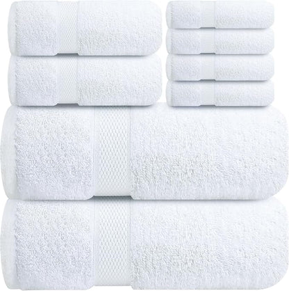 Infinitee Xclusives Luxury 100% Cotton Towel Set – 8 Piece Bathroom Towel Set (2 Bath Towels, 2 Hand Towels, 4 Washcloths) – Soft & Absorbent Towels for Bathroom (Brilliant White)