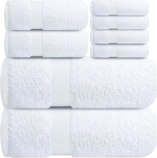Infinitee Xclusives Luxury 100% Cotton Towel Set – 8 Piece Bathroom Towel Set (2 Bath Towels, 2 Hand Towels, 4 Washcloths) – Soft & Absorbent Towels for Bathroom (Brilliant White)