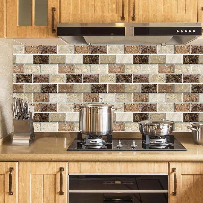 URCOLOR 10-Sheet Peel and Stick Backsplash Subway Tile for Kitchen,12"x12" Self Adhesive Wall Tiles Sticker on Back Splashes for Bathroom Brown Marble Design