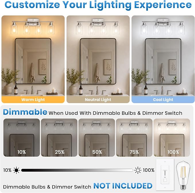 Ascher 4 Light Bathroom Light Fixture, Brushed Nickel Bathroom Lighting Fixtures Over Mirror, Vanity Light with Clear Glass Shade, Wall Sconce for Living Room Bedroom Cabinet, E26 Base