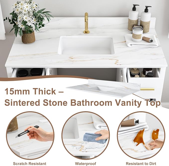 42 Inch Bathroom Vanity with Sink&Countertop,Calacatta Gold Sintered Stone Vanity Top with Sink&Backsplash,White Bathroom Cabinet Set with 2 Doors and 9 Drawer(Single Hole)